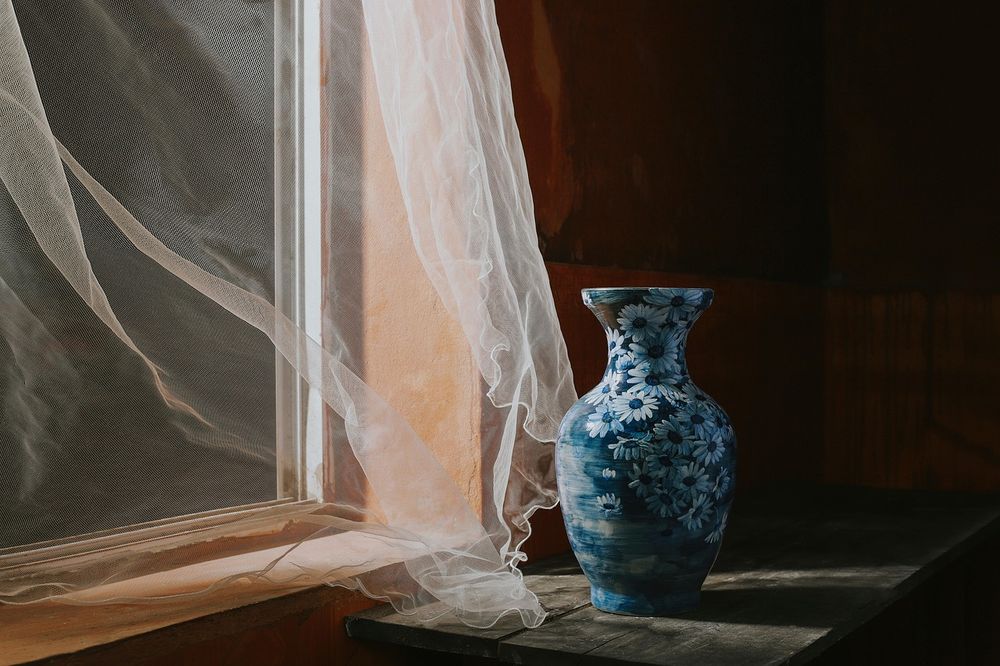Indigo porcelain vase by a window